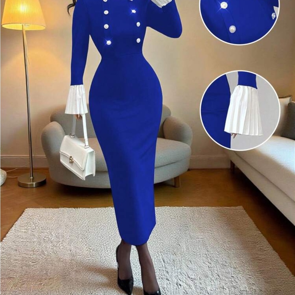 SHEIN Royal Blue Long Sleeve Dress with White Accents